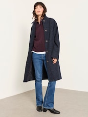 FatFace Moons Navy 100% Wool Long Check Coat - Image 1 of 5