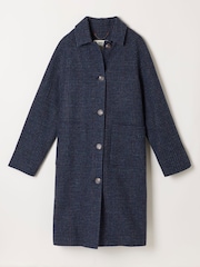 FatFace Moons Navy 100% Wool Long Check Coat - Image 5 of 5