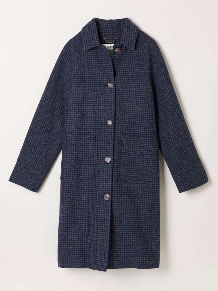 FatFace Moons Navy 100% Wool Long Check Coat - Image 5 of 5