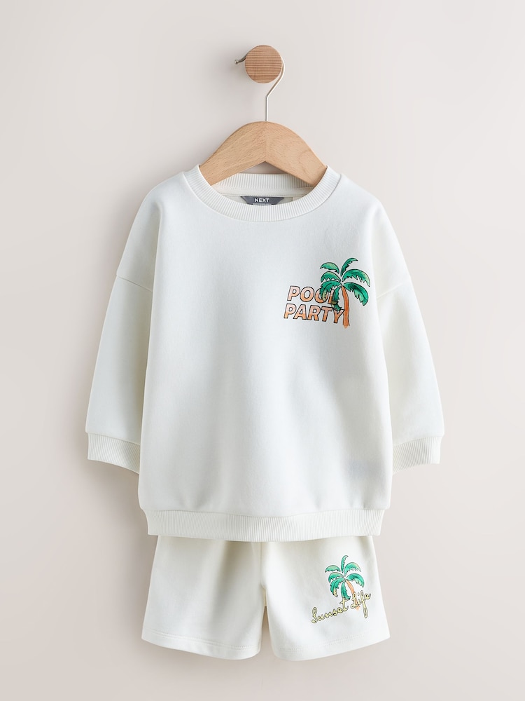Ecru/White Crew Neck Sweatshirt and Shorts Set (3mths-7yrs) (3mths-7yrs) - Image 1 of 5 Ecru/White Crew Neck Sweatshirt and Shorts Set (3mths-7yrs) (3mths-7yrs) - Image 1 of 5