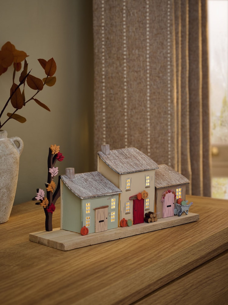 Multi Light Up Autumn Village Scene Wooden Ornament - Image 1 of 5
