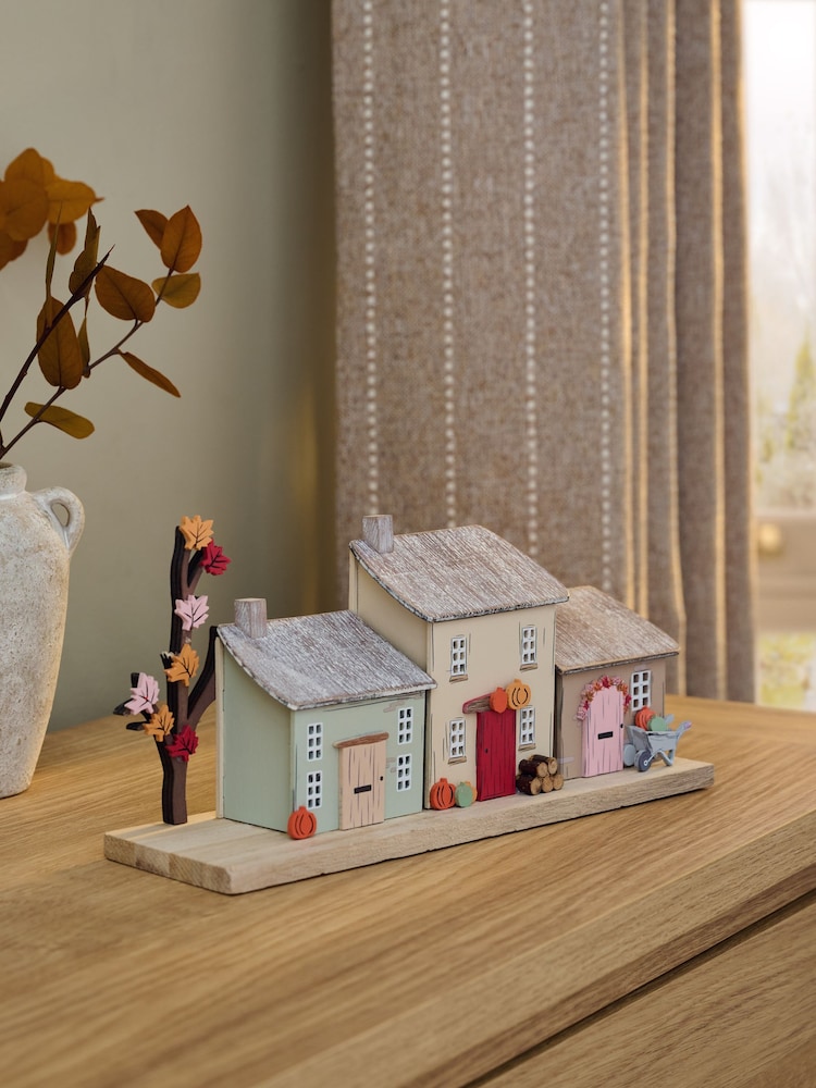 Multi Light Up Autumn Village Scene Wooden Ornament - Image 2 of 5