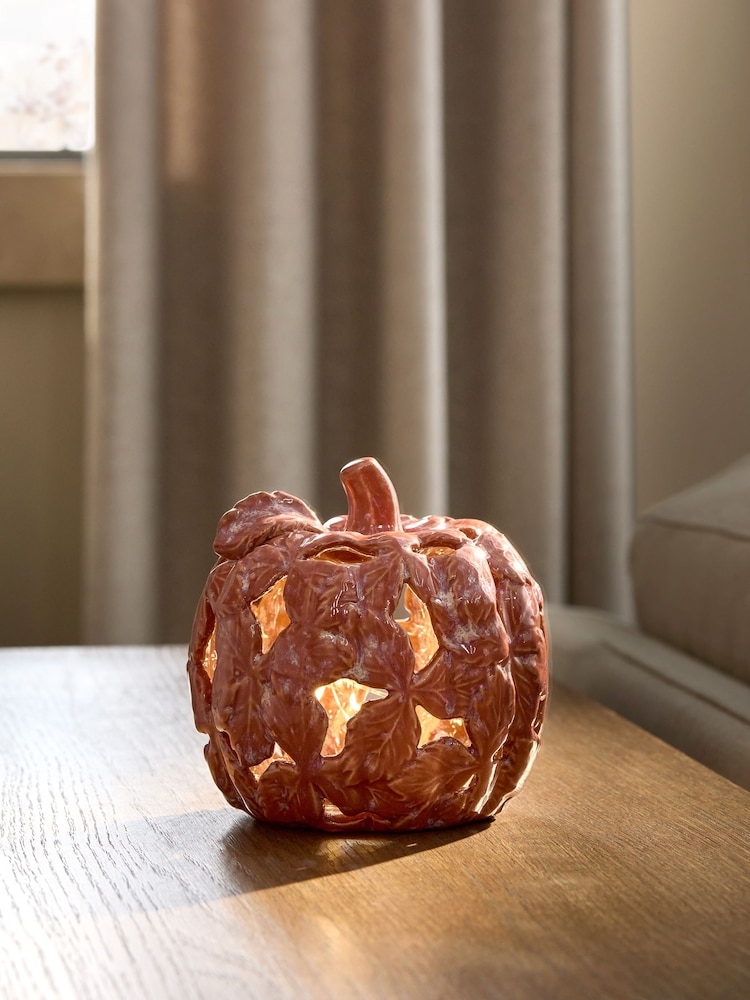 Orange Autumn Leaf Ceramic Glazed Light up Pumpkin - Image 1 of 4 Orange Autumn Leaf Ceramic Glazed Light up Pumpkin - Image 1 of 4