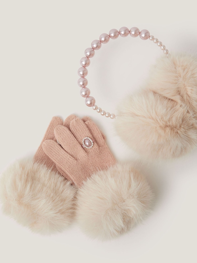 Monsoon Pink Pearly Faux Fur Earmuffs & Gloves Set - Image 2 of 2 Monsoon Pink Pearly Faux Fur Earmuffs & Gloves Set - Image 2 of 2