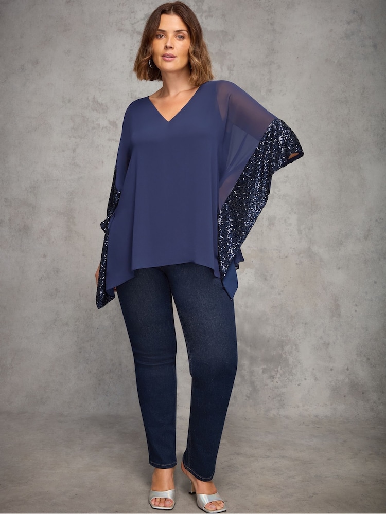 Live Unlimited Blue Contrast V-Neck Sequin Overlay Tunic - Image 1 of 5 Live Unlimited Blue Contrast V-Neck Sequin Overlay Tunic - Image 1 of 5