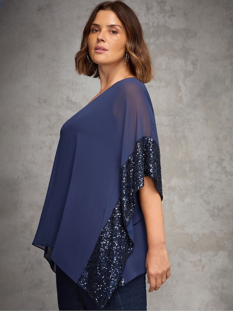 Live Unlimited Blue Contrast V-Neck Sequin Overlay Tunic - Image 2 of 5 Live Unlimited Blue Contrast V-Neck Sequin Overlay Tunic - Image 2 of 5