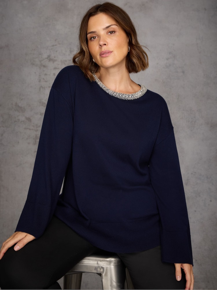 Live Unlimited Blue Embellished Neckline Jumper - Image 1 of 4 Live Unlimited Blue Embellished Neckline Jumper - Image 1 of 4
