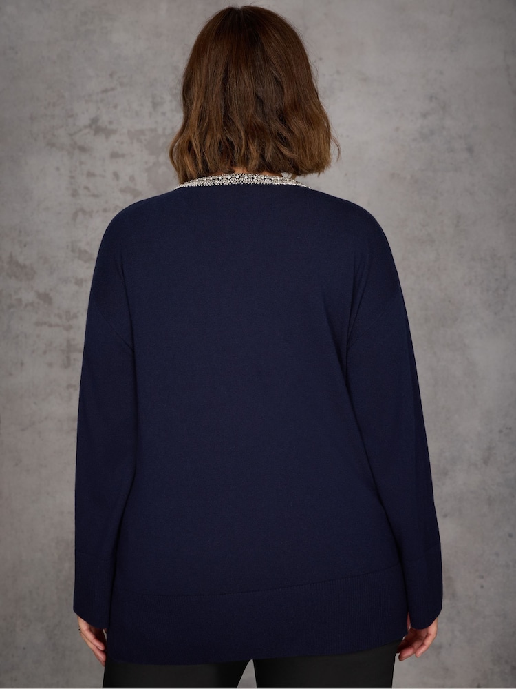 Live Unlimited Blue Embellished Neckline Jumper - Image 4 of 4 Live Unlimited Blue Embellished Neckline Jumper - Image 4 of 4