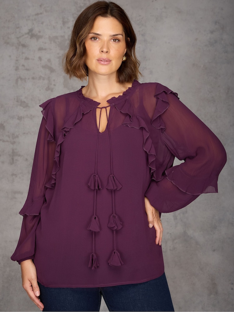 Live Unlimited Purple Ruffle Tie Neck Blouse - Image 1 of 6 Live Unlimited Purple Ruffle Tie Neck Blouse - Image 1 of 6