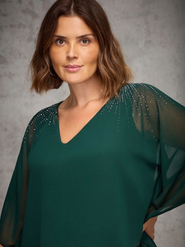 Live Unlimited Green Chiffon Hotfix V Neck Overlay Top - Image 2 of 4 Live Unlimited Green Chiffon Hotfix V Neck Overlay Top - Image 2 of 4