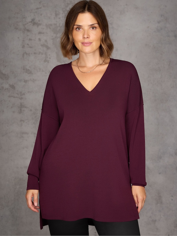 Live Unlimited Red Ribbed Detail V-Neck Jumper - Image 1 of 5 Live Unlimited Red Ribbed Detail V-Neck Jumper - Image 1 of 5