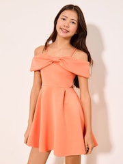 Coral Pink Bow Scuba Cut Out Dress (5-16yrs) - Image 1 of 4