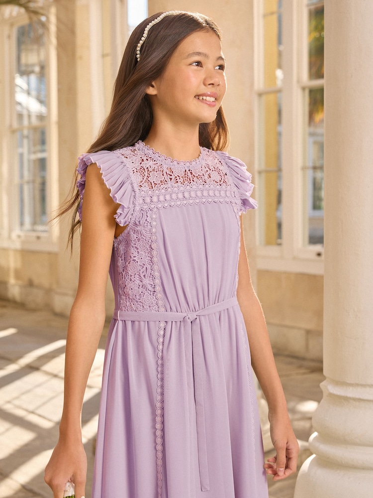 Lipsy Lilac Purple Lace Front Flutter Sleeve Occasion Dress (5-16yrs) - Image 2 of 5 Lipsy Lilac Purple Lace Front Flutter Sleeve Occasion Dress (5-16yrs) - Image 2 of 5