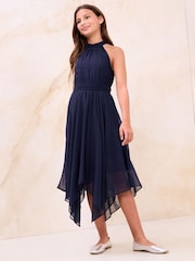 Lipsy Navy Blue Hanky Hem Halter Occasion Dress (7-16yrs) - Image 1 of 4