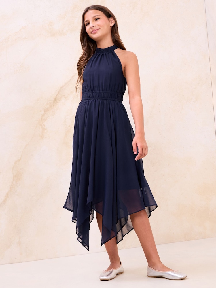 Lipsy Navy Blue Hanky Hem Halter Occasion Dress (7-16yrs) - Image 1 of 4