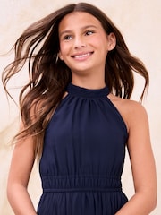 Lipsy Navy Blue Hanky Hem Halter Occasion Dress (7-16yrs) - Image 2 of 4