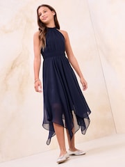 Lipsy Navy Blue Hanky Hem Halter Occasion Dress (7-16yrs) - Image 3 of 4