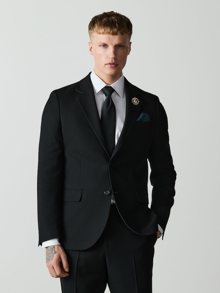 Black Skinny Fit Textured Suit Jacket With Brooch - Image 1 of 5 Black Skinny Fit Textured Suit Jacket With Brooch - Image 1 of 5
