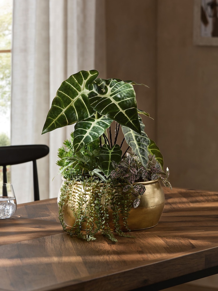 Green Light Up Artificial Plants In Gold Metal Bowl - Image 1 of 5