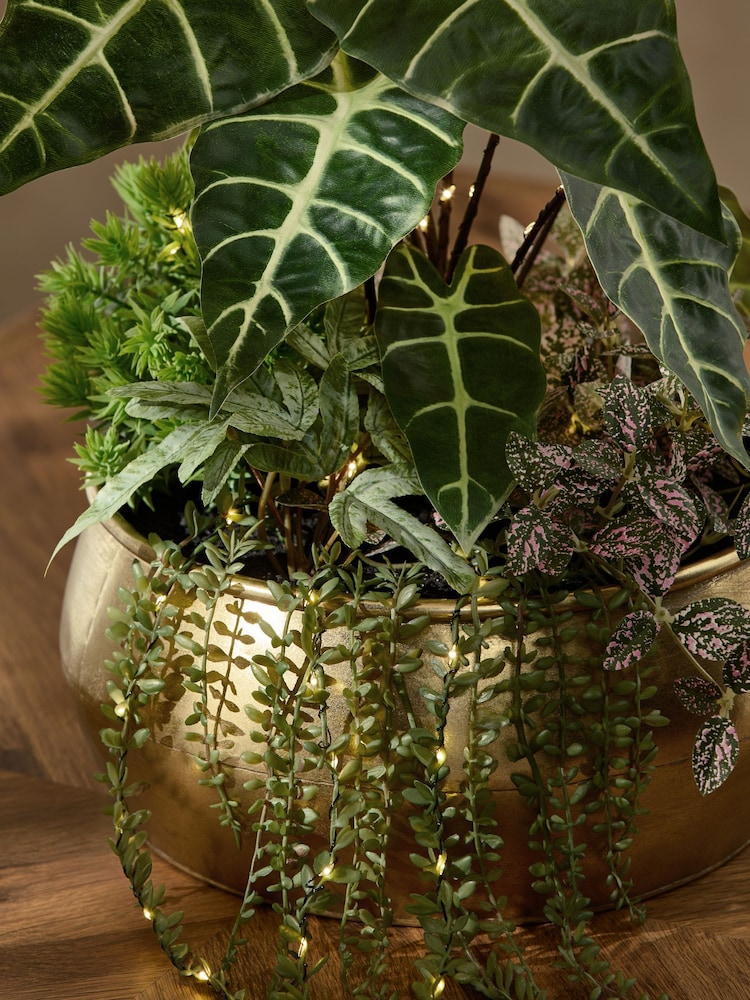 Green Light Up Artificial Plants In Gold Metal Bowl - Image 2 of 5