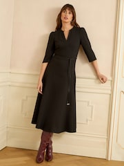 Love & Roses Black 3/4 Sleeve PU belt Midi Dress - Image 2 of 4