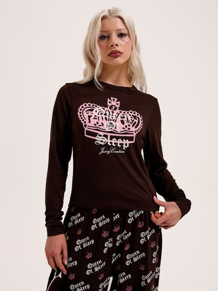 Juicy Couture Brown Queen Of Sleep Ls Pyjamas Set - Image 1 of 3
