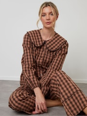 Threadbare Brown Check Peter Pan Collar Long Pyjamas Set - Image 1 of 5