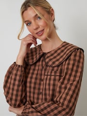 Threadbare Brown Check Peter Pan Collar Long Pyjamas Set - Image 5 of 5