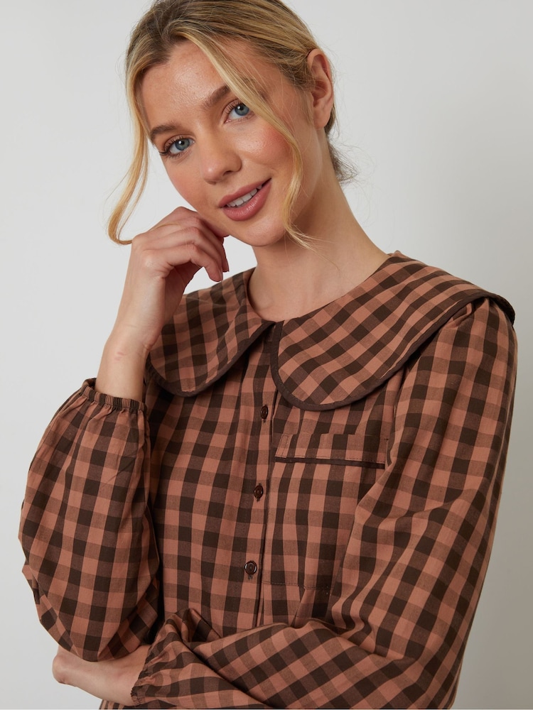 Threadbare Brown Check Peter Pan Collar Long Pyjamas Set - Image 5 of 5