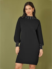 Yumi Black Pearl Detail Knitted Relaxed Jumper Dress - Image 1 of 5