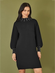 Yumi Black Pearl Detail Knitted Relaxed Jumper Dress - Image 2 of 5