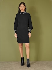 Yumi Black Pearl Detail Knitted Relaxed Jumper Dress - Image 4 of 5