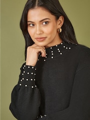 Yumi Black Pearl Detail Knitted Relaxed Jumper Dress - Image 5 of 5