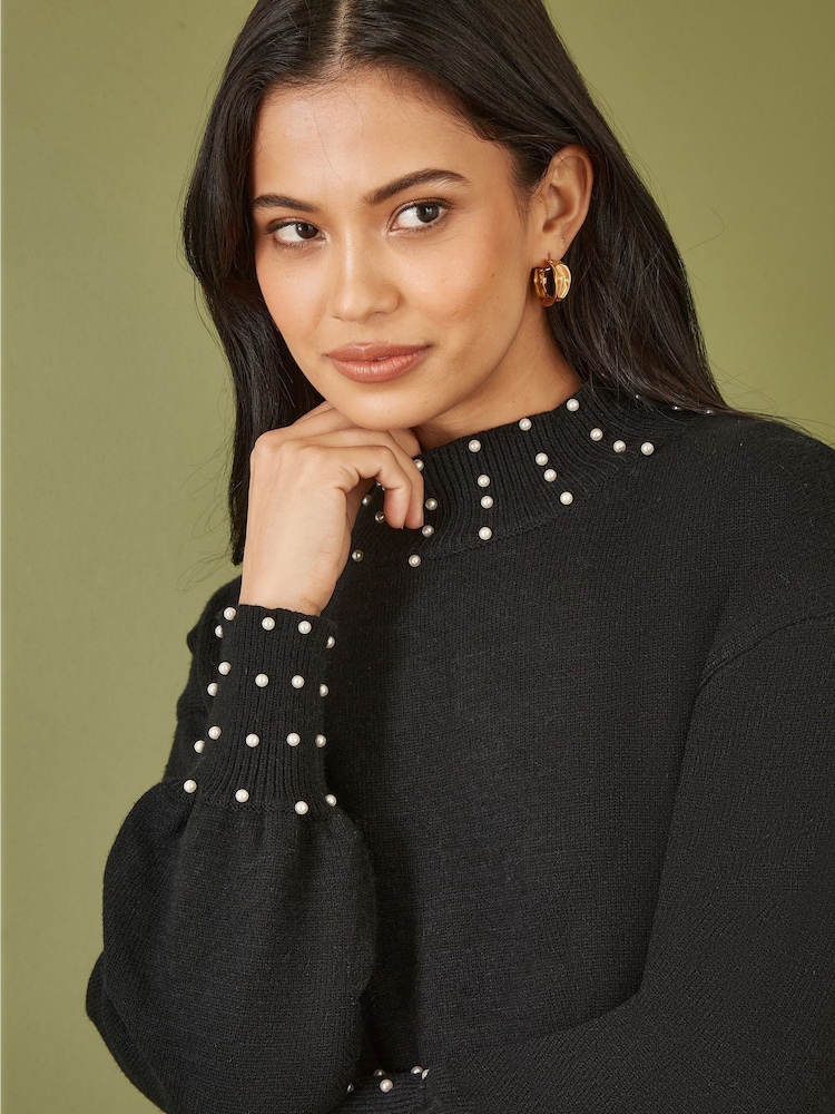 Yumi Black Pearl Detail Knitted Relaxed Jumper Dress - Image 5 of 5 Yumi Black Pearl Detail Knitted Relaxed Jumper Dress - Image 5 of 5