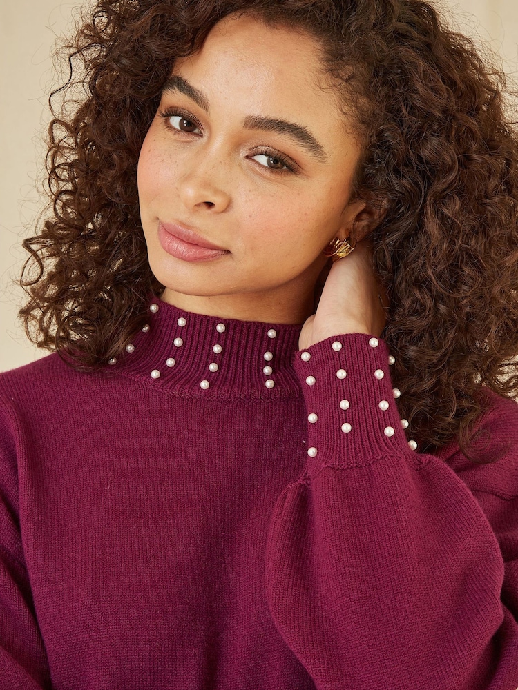 rdeča - Yumi Pearl Detail Knitted Relaxed Jumper Dress - Slika 4 iz 4