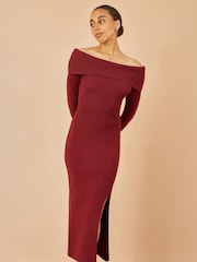 Yumi Red Bardot Knitted Fitted Midi Dress - Image 1 of 4