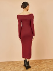 Yumi Red Bardot Knitted Fitted Midi Dress - Image 2 of 4