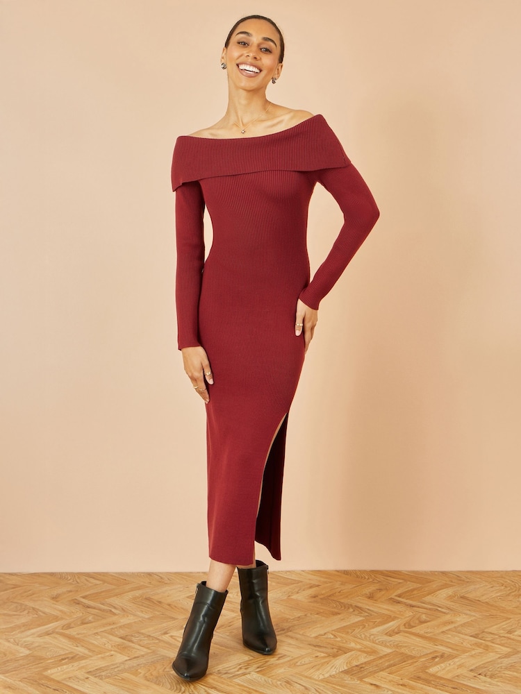 Yumi Burgundy Bardot Knitted Fitted Midi Dress - Burgundy / L Yumi Burgundy Bardot Knitted Fitted Midi Dress - Burgundy / L