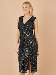 Yumi Black Sequin Fitted Wrap  With Split Hem Dress - Image 1 of 5