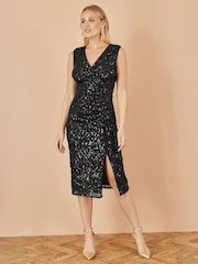 Yumi Black Sequin Fitted Wrap  With Split Hem Dress - Image 2 of 5