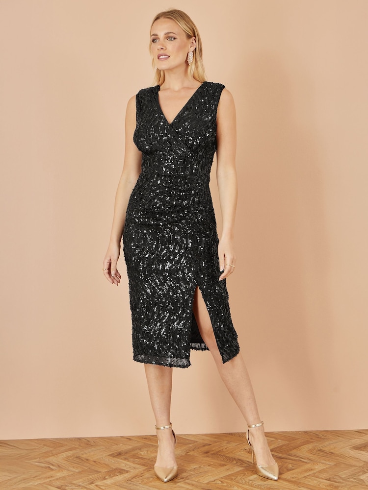 Yumi Black Sequin Fitted Wrap  With Split Hem Dress - Image 2 of 5