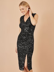 Yumi Black Sequin Fitted Wrap  With Split Hem Dress - Image 4 of 5