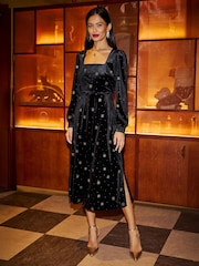 Yumi Black Velvet Midi Dress With Starburst Foil Print - Image 2 of 5