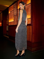 Yumi Black Metallic Pleated Frill Wrap Midi Dress - Image 5 of 5