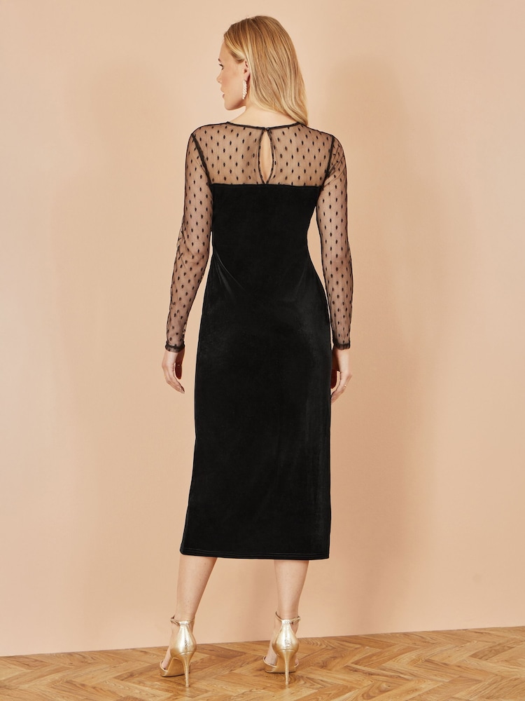 Yumi Black Velvet Midi Dress With Slash Neckline and Sheer Sleeves - Image 2 of 5