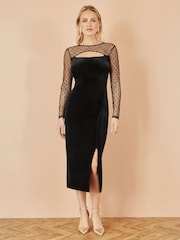 Yumi Black Velvet Midi Dress With Slash Neckline and Sheer Sleeves - Image 3 of 5