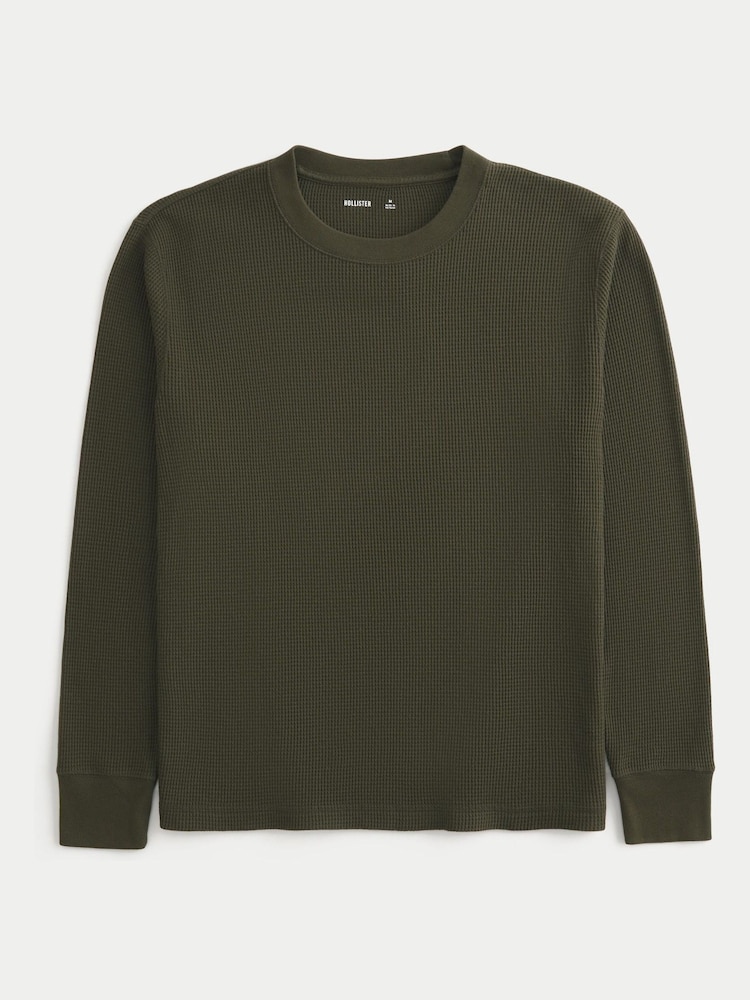 Verde oliva - Hollister Crew Neck Textured Wash Long Sleeve T-Shirt - Imagen 1 de 2