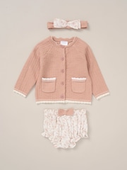 Rock-A-Bye Baby Boutique Pink Cardigan Woven Dobby Shorts Headband and Tights Outfit Set - Image 1 of 6
