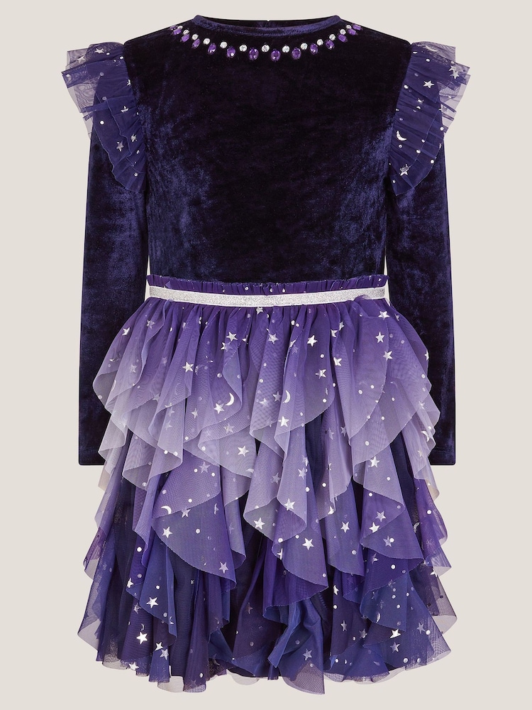 Monsoon Blue Cosmic Velour Long Sleeve Disco Dress - Image 1 of 3
