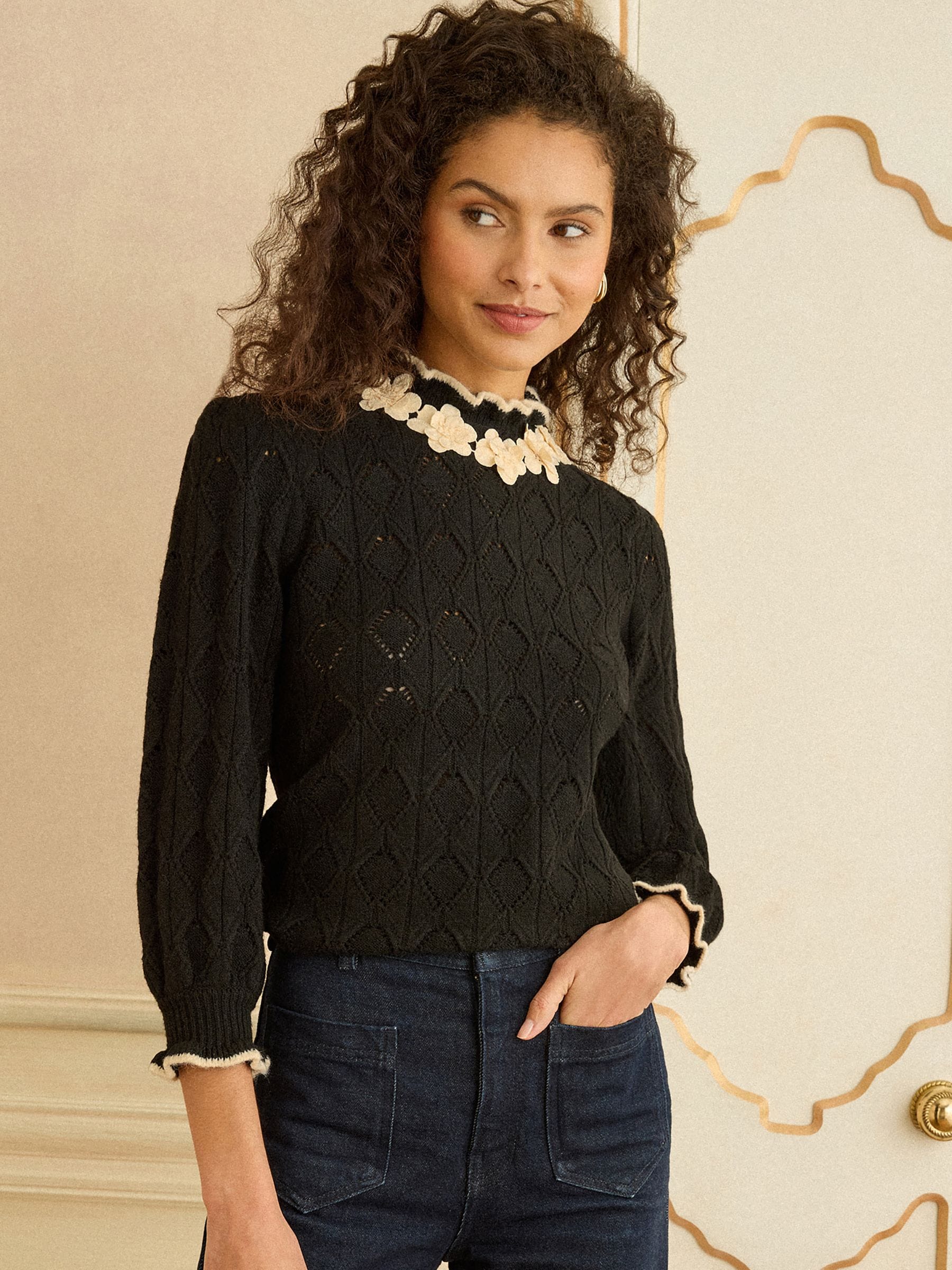 Buy Love & Roses Black 3D Flower Trim Pointelle Jumper from the